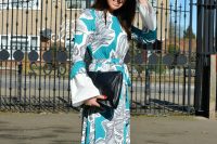 How to get killer statement sleeves | Finery scribble print blue dress | Finery white top fluted sleeves underneath