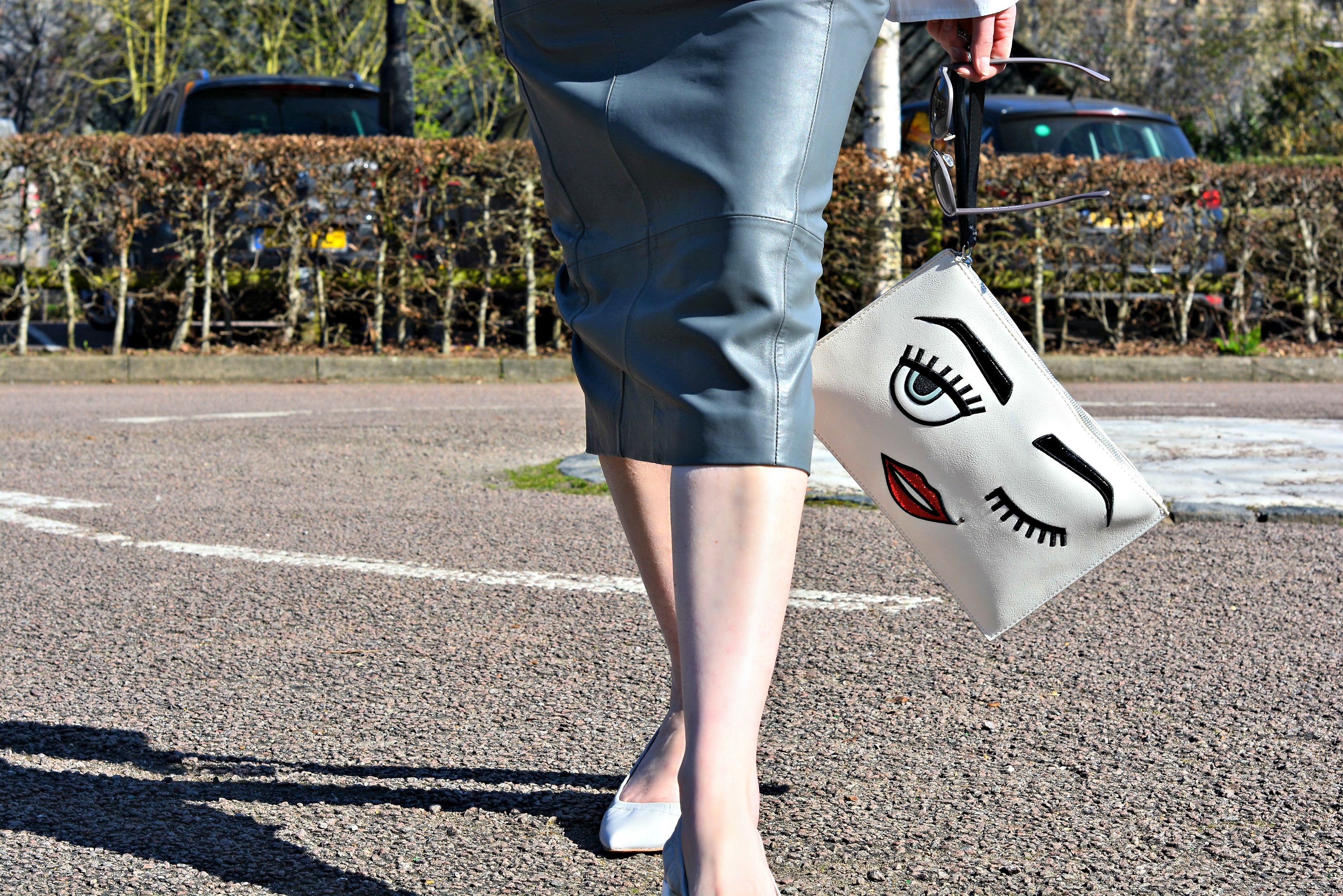 white statement sleeves top FinerLondon| grey leather skirt UrbanCode | grey shoes Zara - How to colour block