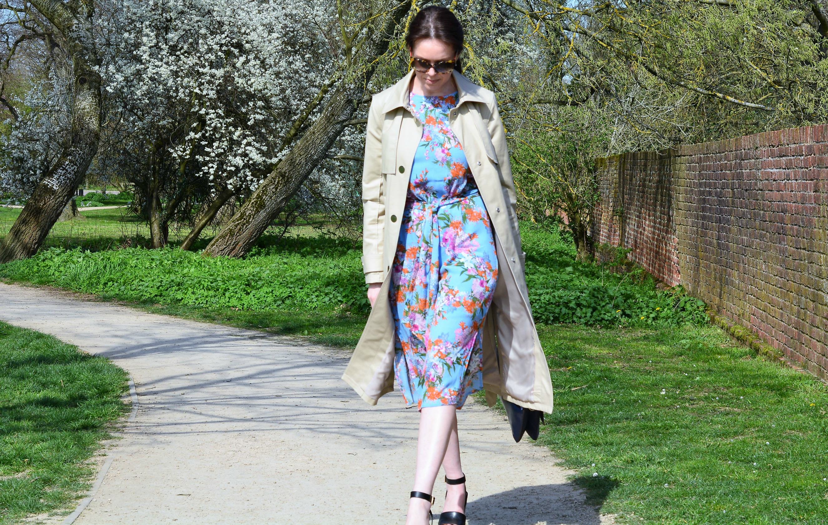 Marks and Spencer sand trench coat, floral dress, black wedge shoes