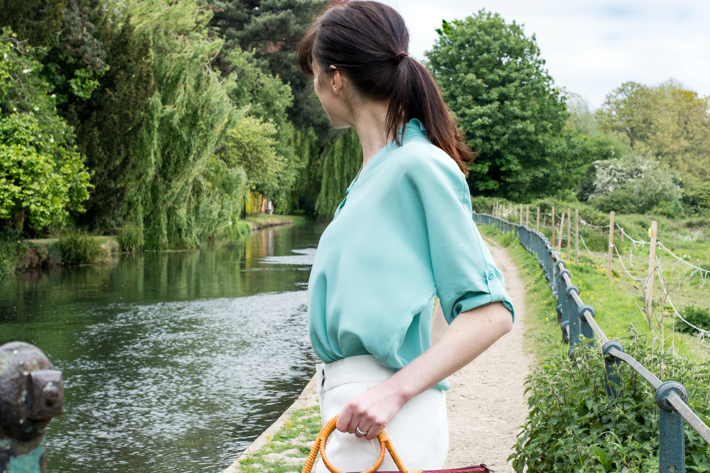 turquoise silk top white linen pants basket bag east clothing