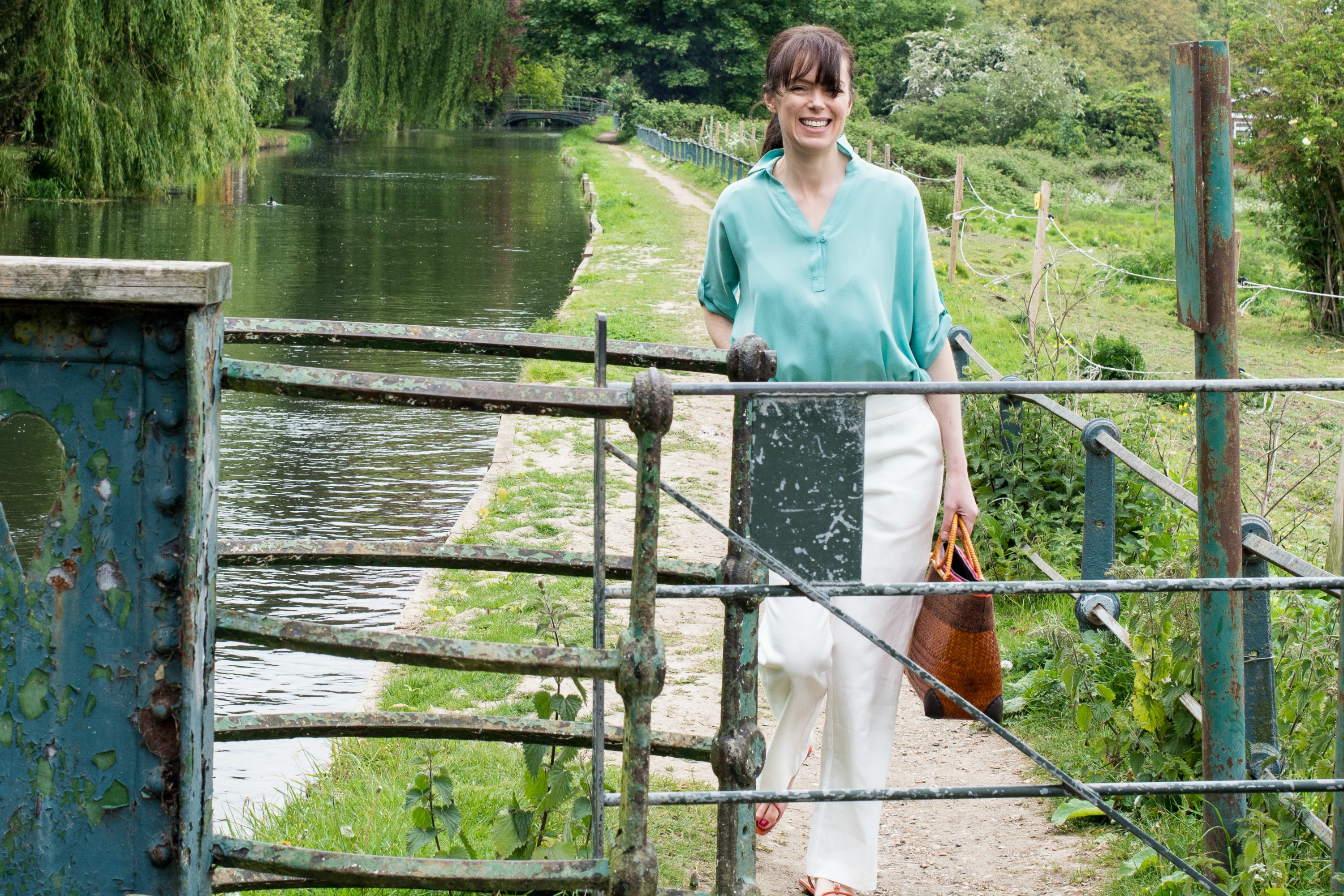 turquoise silk top white linen pants basket bag east clothing