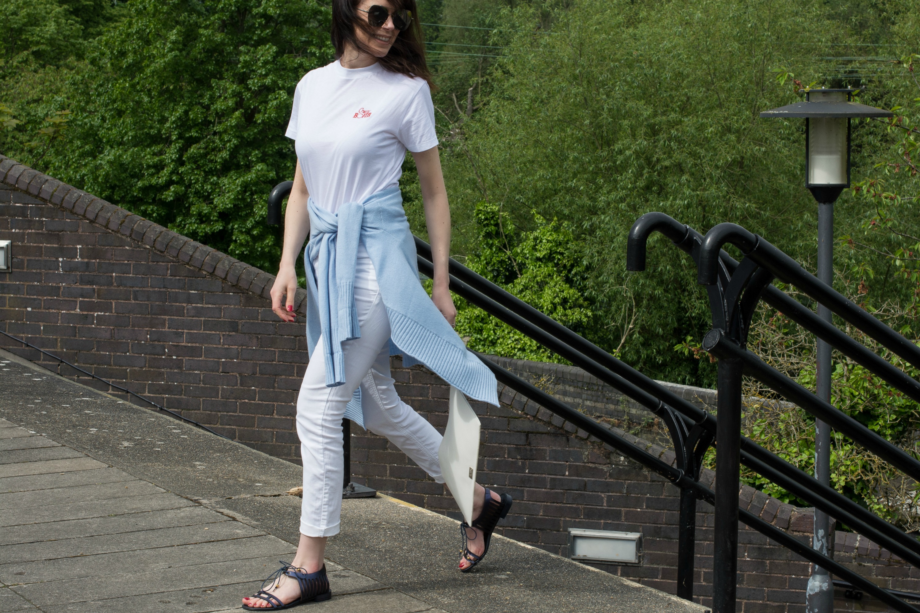 blue cashmere cardigan with white jeans and white t shirt