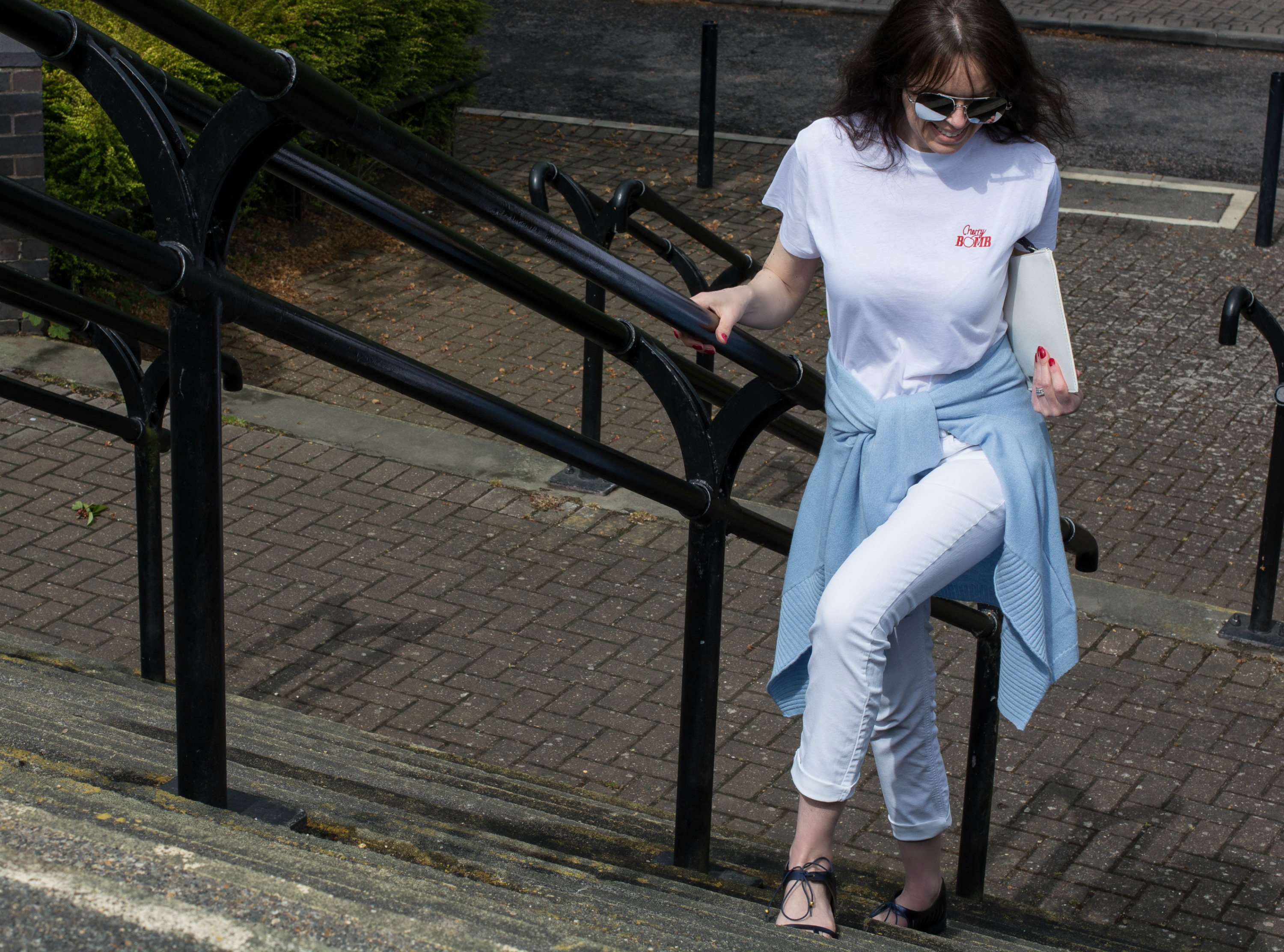 blue cashmere cardigan with white jeans and white t shirt