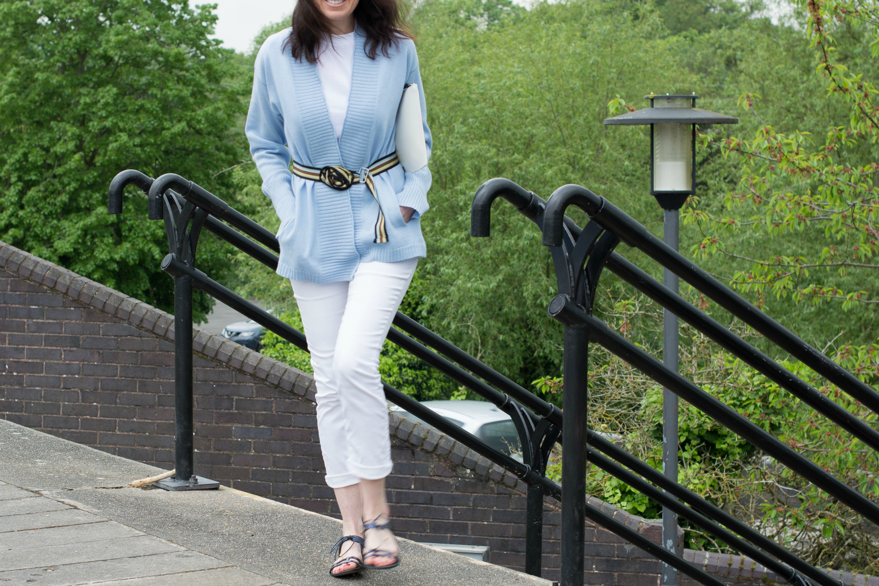 blue cashmere cardigan with white jeans and white t shirt