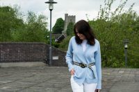 blue cashmere cardigan with white jeans and white t shirt