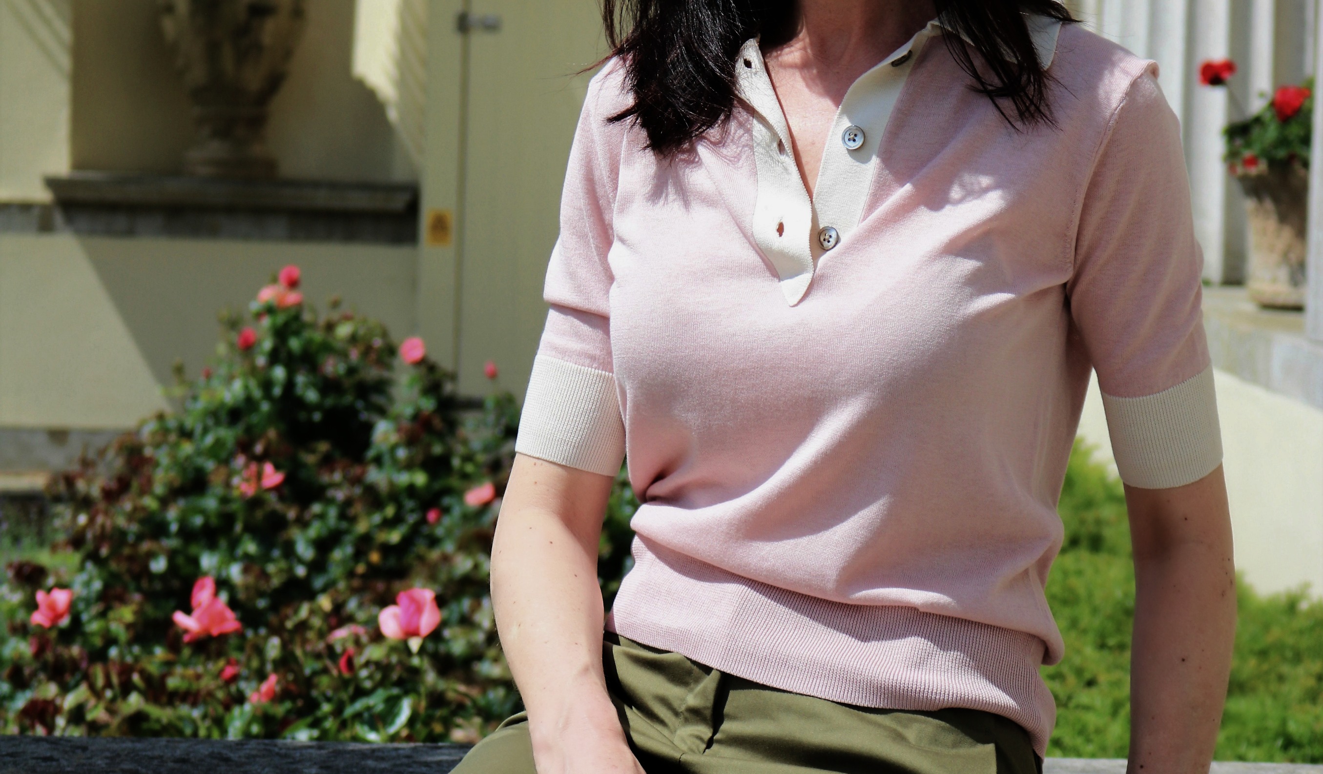 Winser-london-khaki-stretch-cottontwill-trouser-silk-blend-pink-polo-top-retrochicmama-preppy