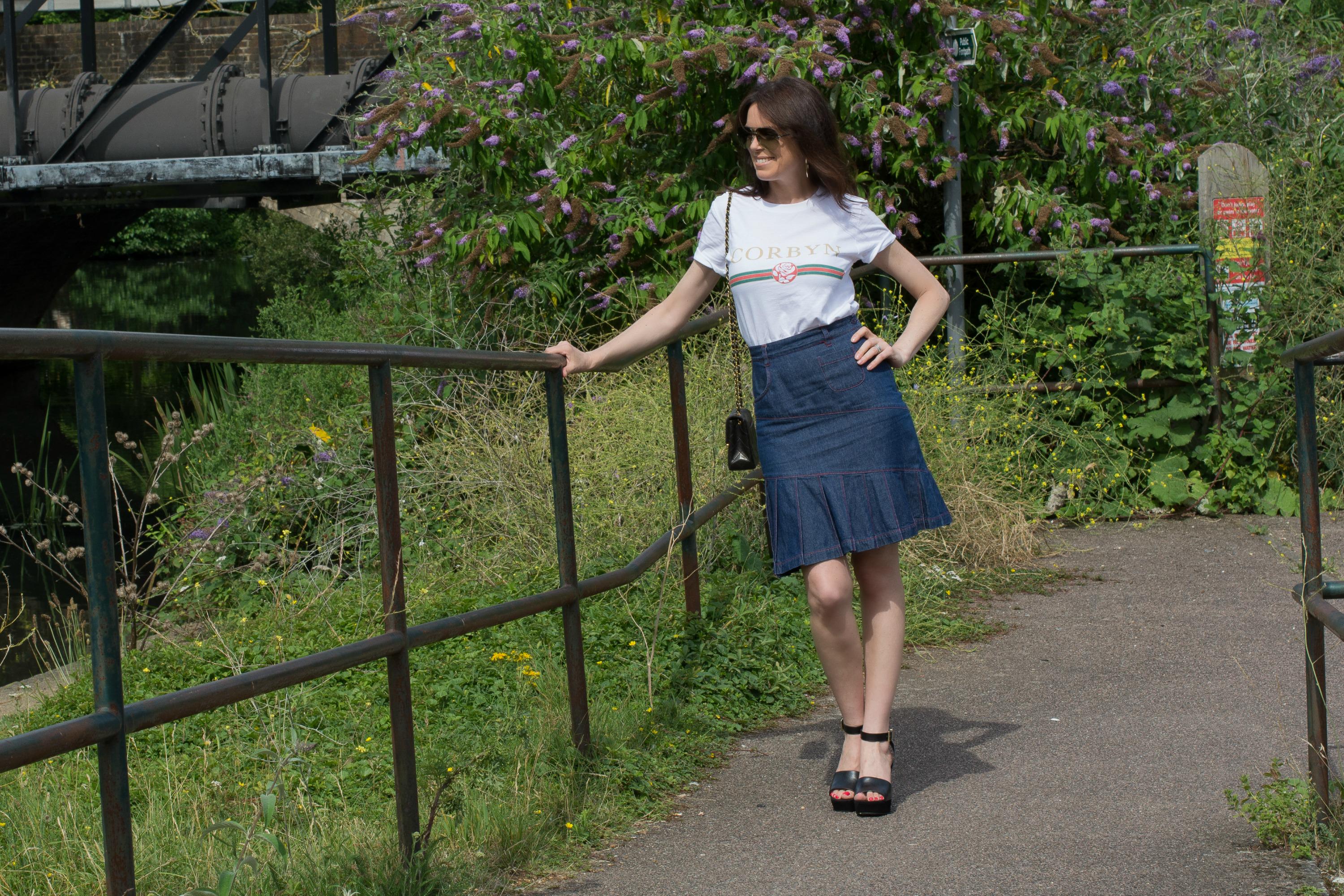 political-t-shirt-slogan-denim-skirt-wedge-heels