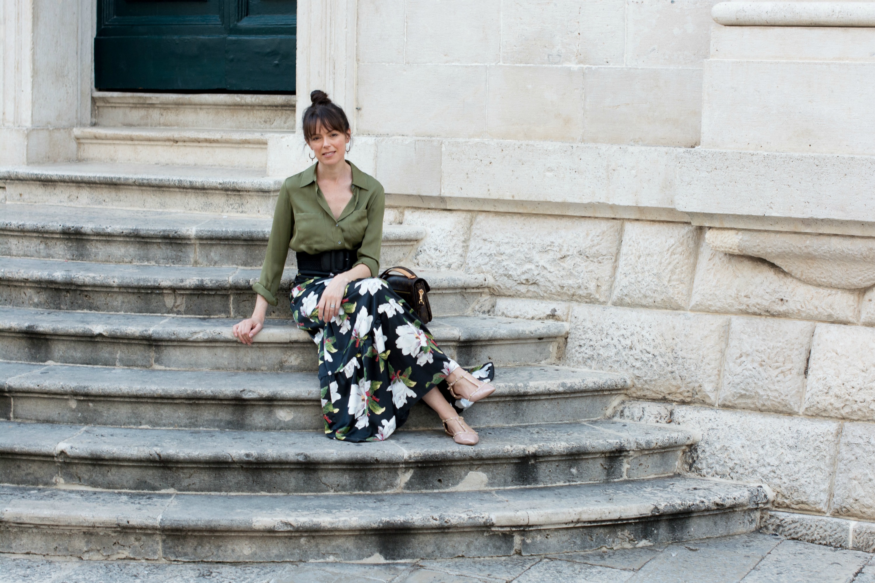 dark-floral-maxi-skirt-gree-silk-shirt-pink-flat-shoes