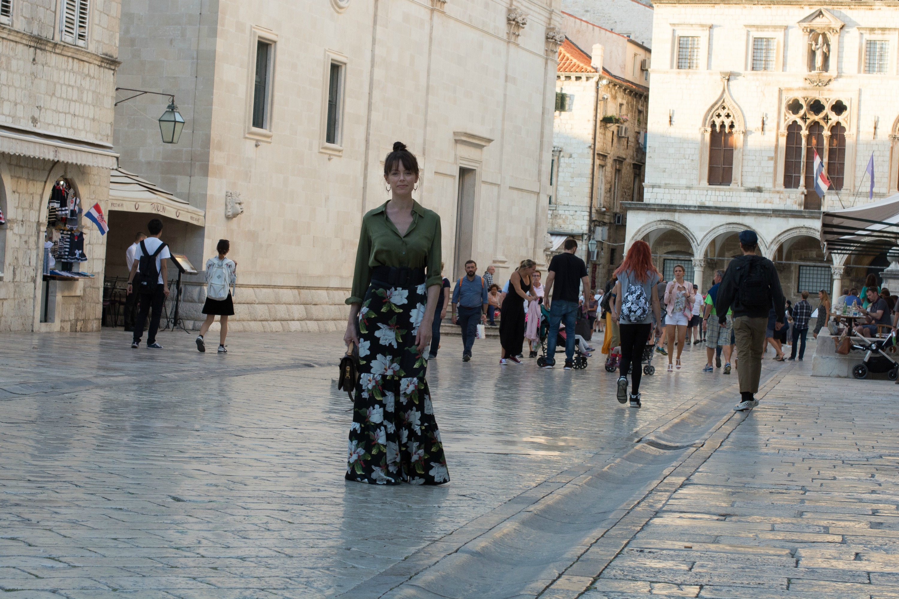 dark-floral-maxi-skirt-gree-silk-shirt-pink-flat-shoes