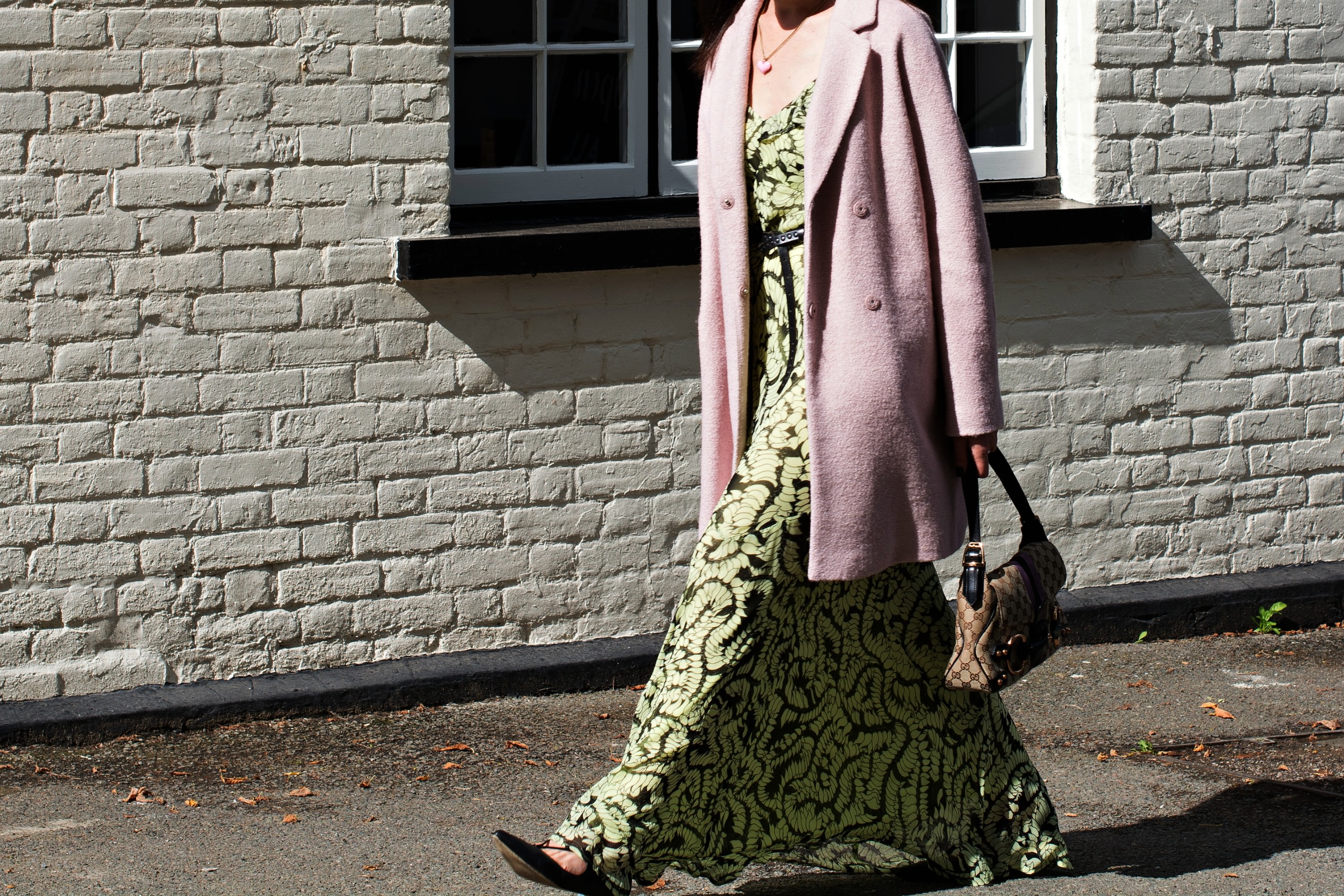 long sleeved green-maxi dress-pink-coat