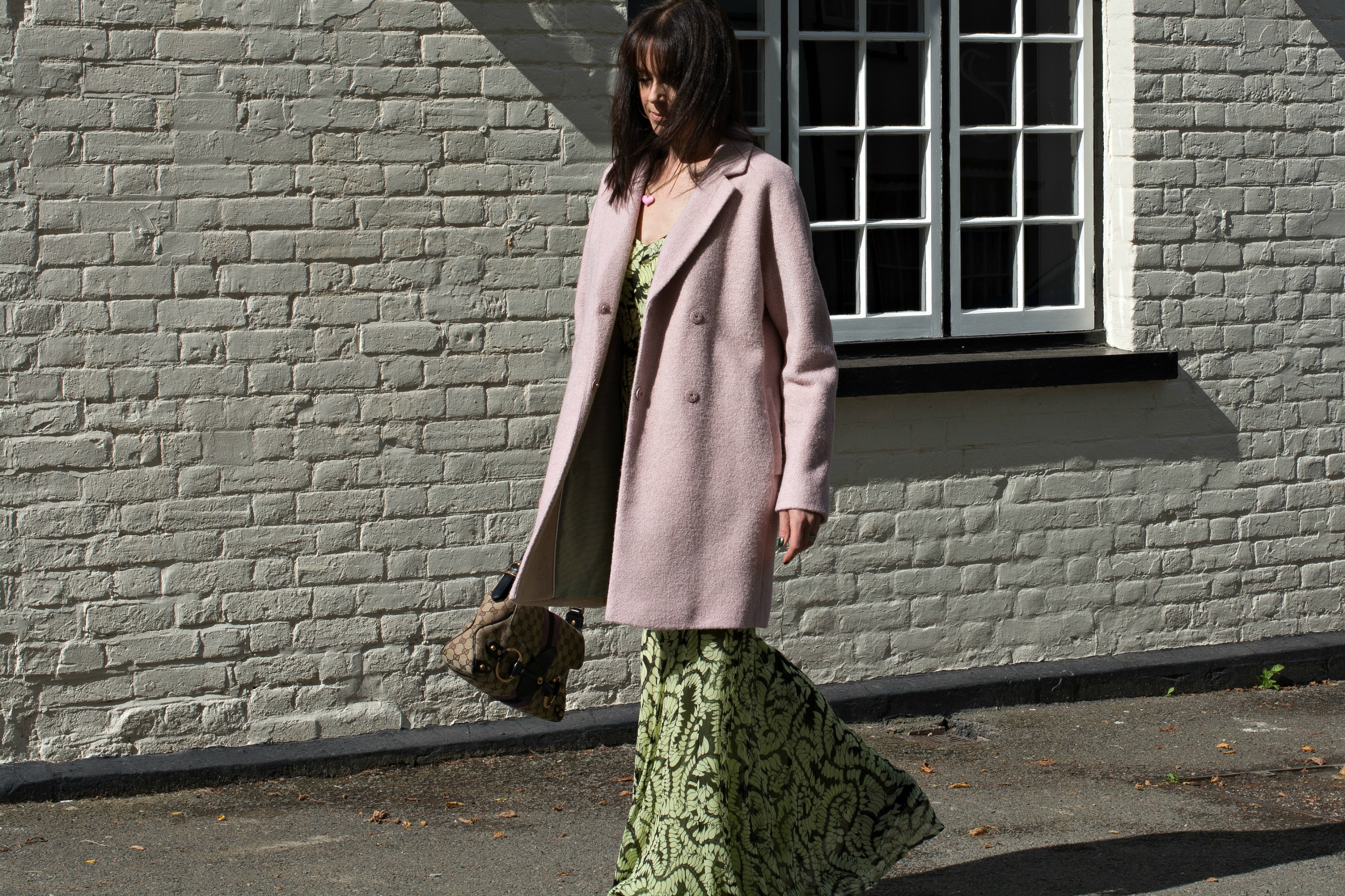 long sleeved green-maxi dress-pink-wool-coat-lace-up-flats