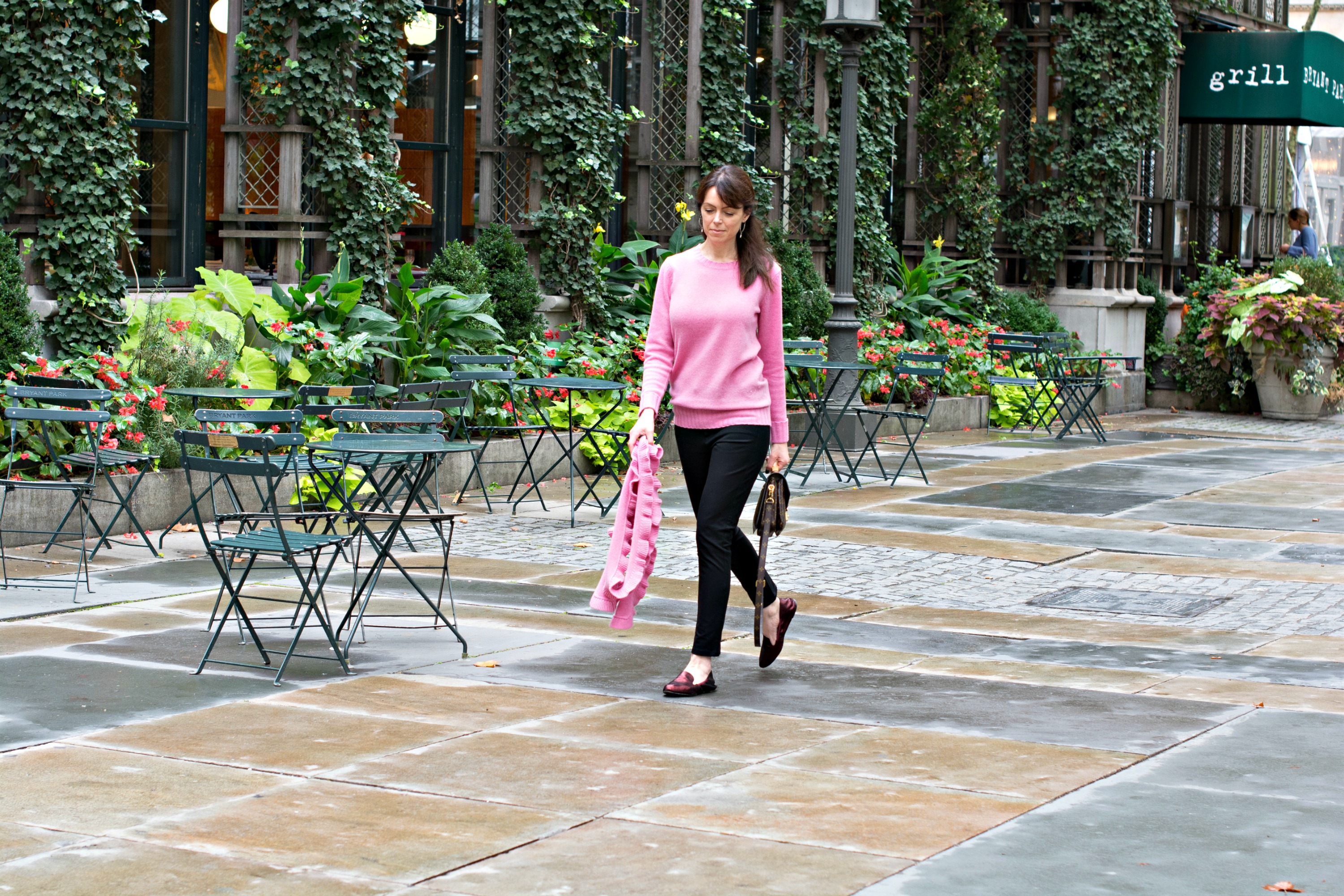 pink wool cashmere jumper and black jeans from winser london