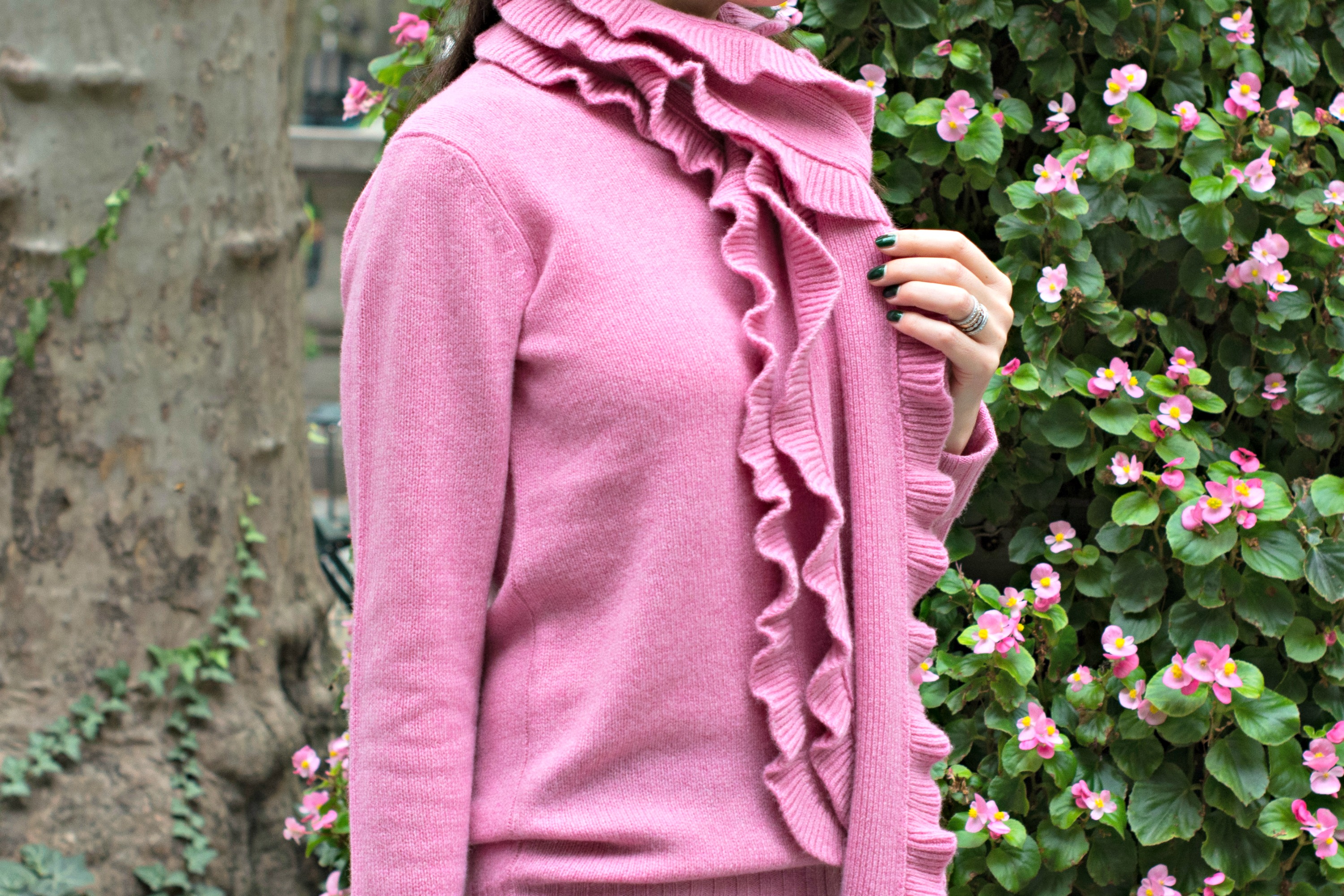 pink wool cashmere jumper and ruffle scarf from winser london 