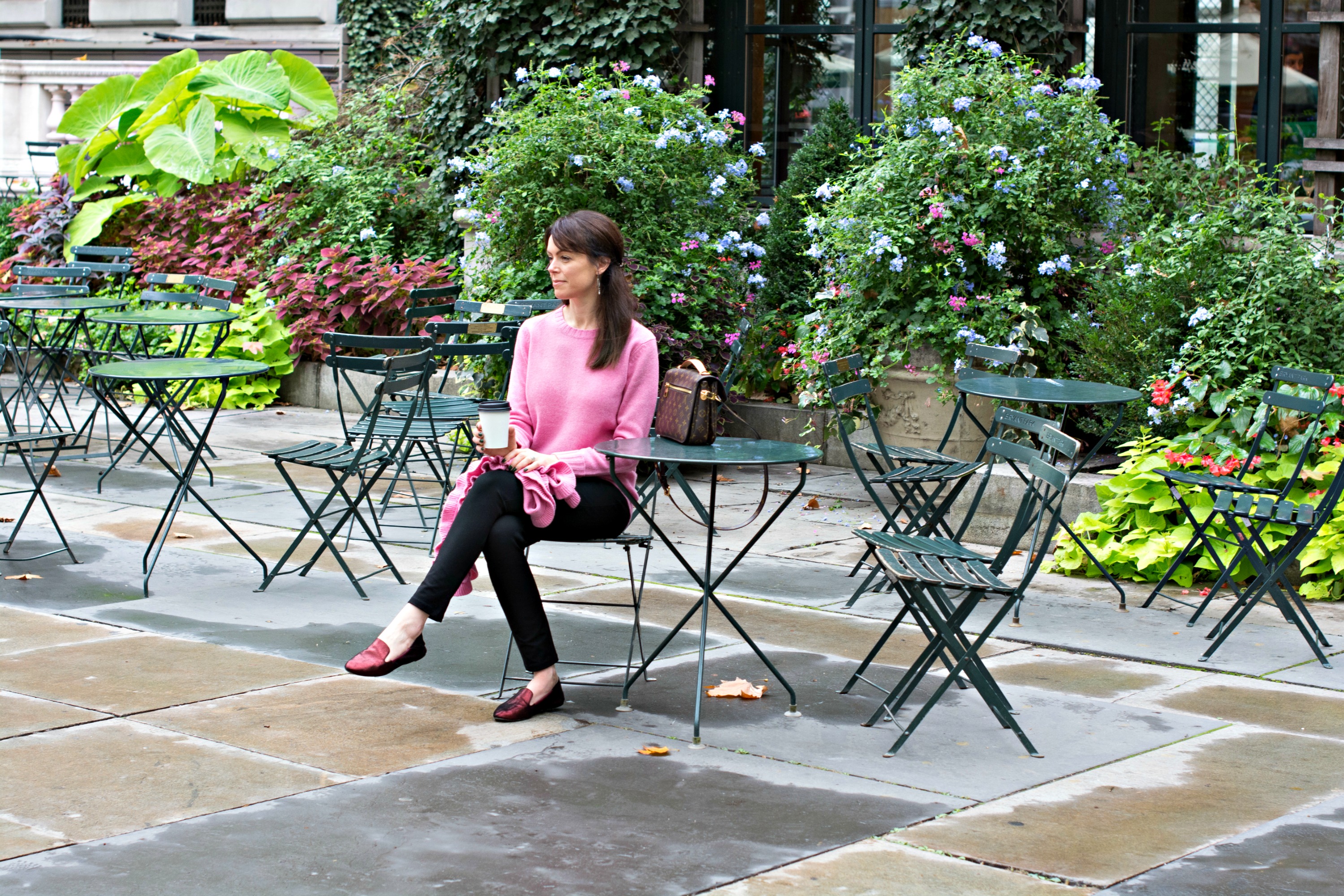 pink wool cashmere jumper and black jeans from winser london