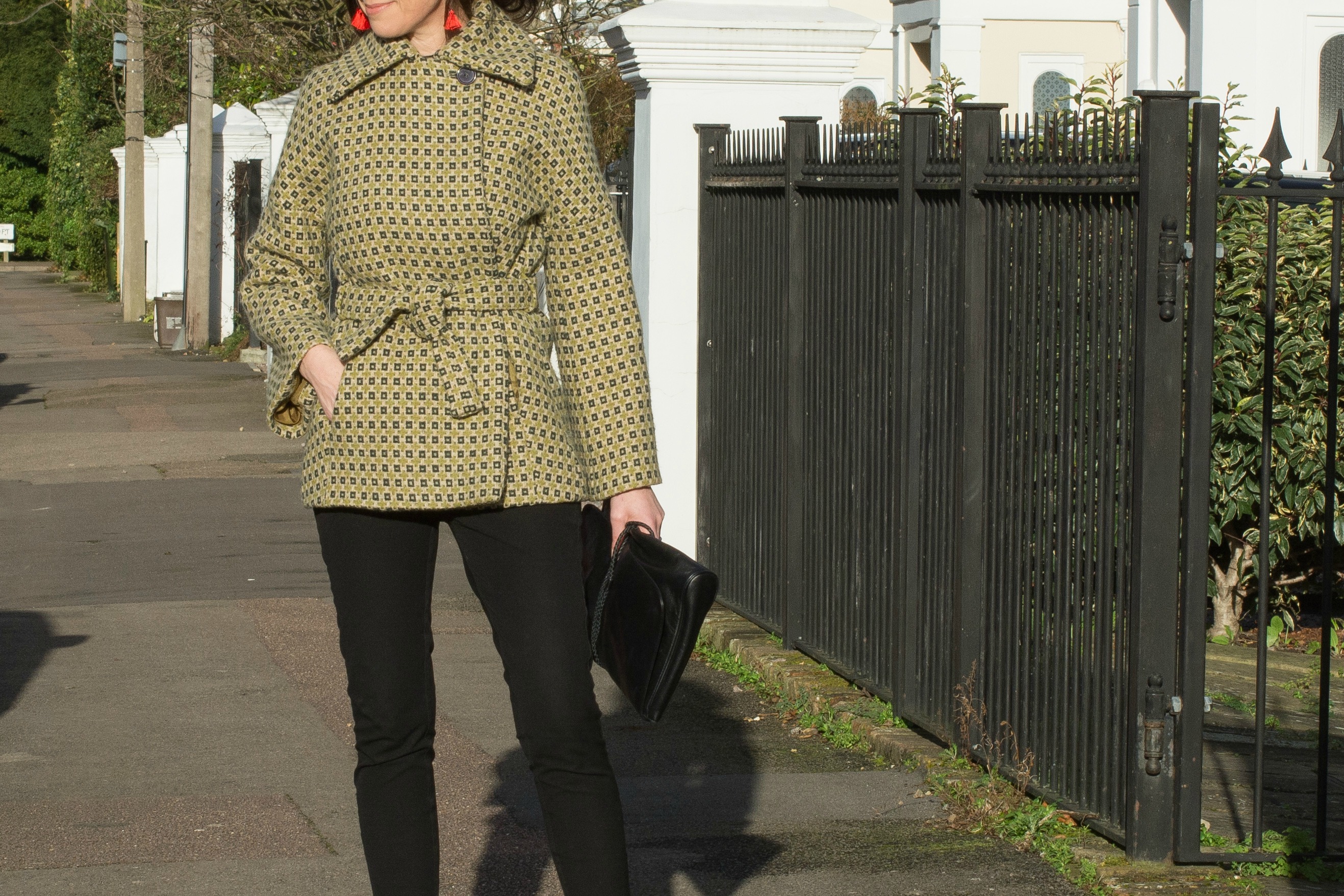 red-tassel-earrings-green-wool-wrap-coat