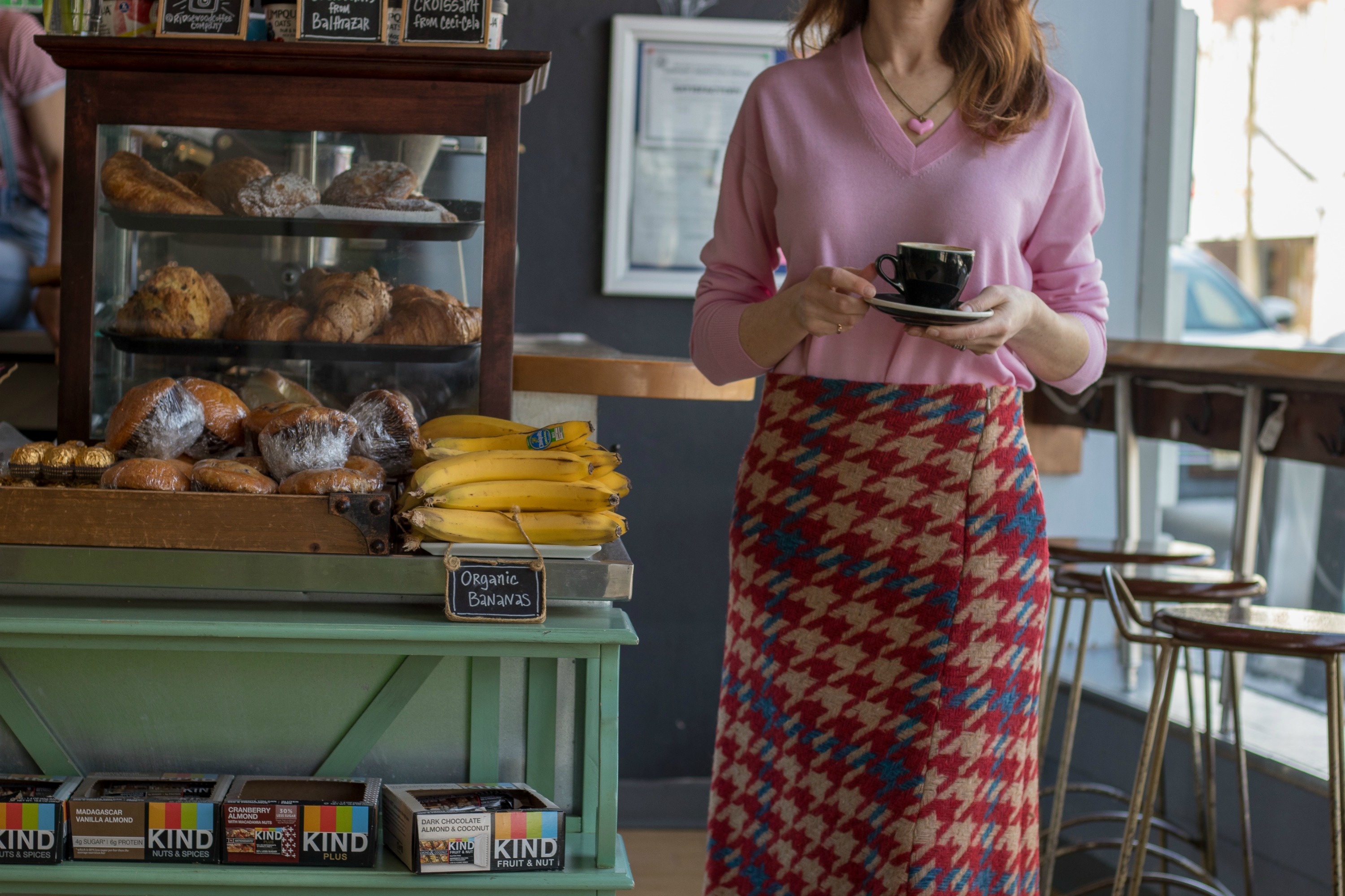 pink-wool-v-neck-sweater-tweed-skirt-winser-london-Ridgewood-Coffee-Company