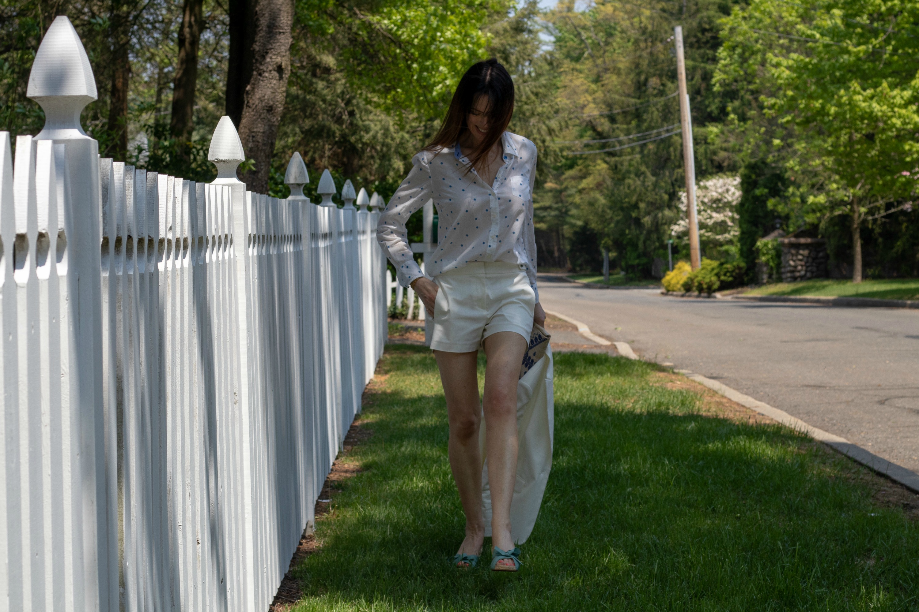 white-shorts-suit-straw-clutch